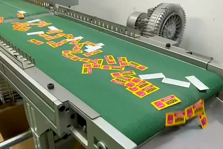 Die-cut pressure-sensitive labels finished and separated on a conveyor after cutting